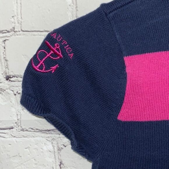 Nautica Girls Sweater Dress Large 8/10 Navy Wide Stripe Short Sleeve Cozy Winter - Picture 4 of 6